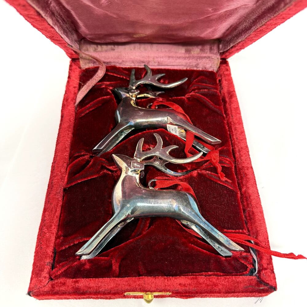 Vintage Silver Plate Reindeer Christmas Ornaments Pair Red Velvet Box India